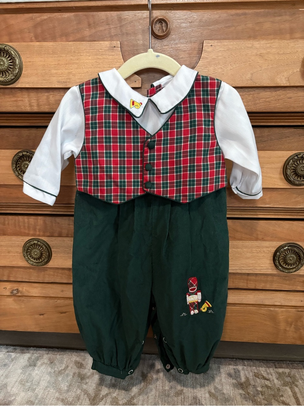 Petit Ami Holiday Plaid Vest & Green Romper with Toy Soldier Embroidery
